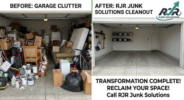 Before: garage full of clutter. After: RJR Junk Solutions cleanout — empty, swept garage.
